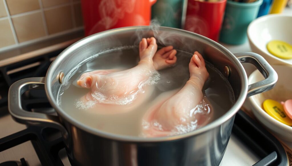 Blanching chicken feet