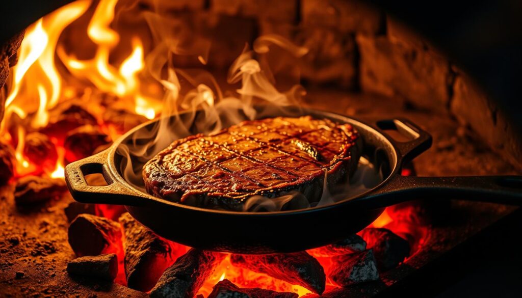 cast iron cooking in pizza oven