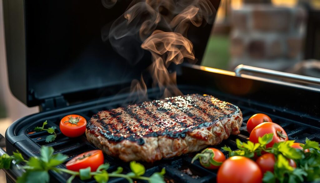 cooking steak on pellet smoker